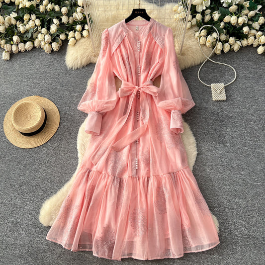 CM-DY067619 Women Elegant European Style Gauze Round Neck Long Sleeve Maxi Dress (Available in 4 colors)