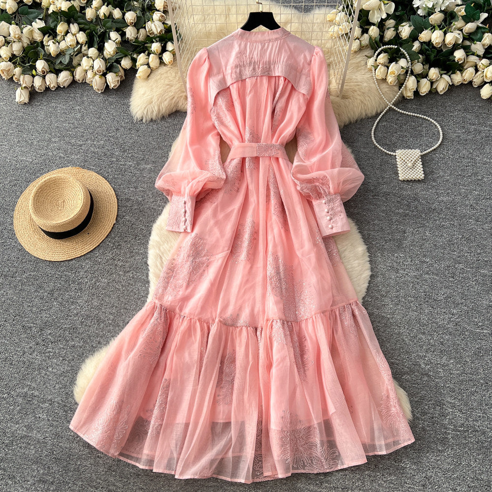 CM-DY067619 Women Elegant European Style Gauze Round Neck Long Sleeve Maxi Dress (Available in 4 colors)