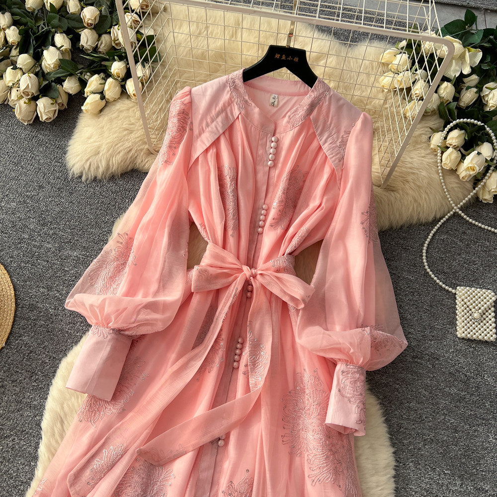 CM-DY067619 Women Elegant European Style Gauze Round Neck Long Sleeve Maxi Dress (Available in 4 colors)
