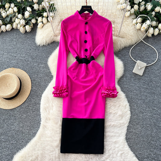 CM-DY067655 Women Elegant European Style Round Neck Long Sleeve Pinched Waist Dress - Rose Red