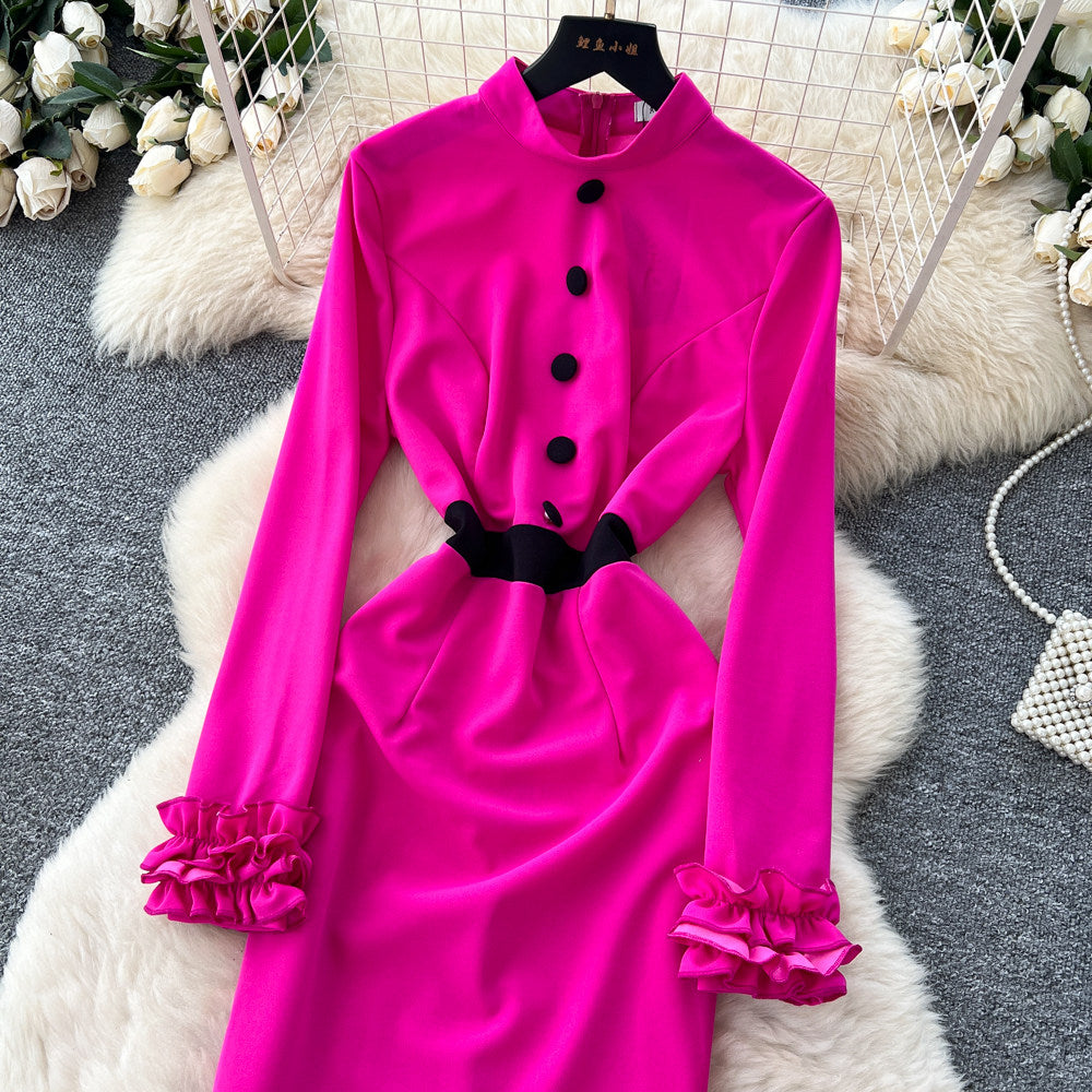 CM-DY067655 Women Elegant European Style Round Neck Long Sleeve Pinched Waist Dress - Rose Red