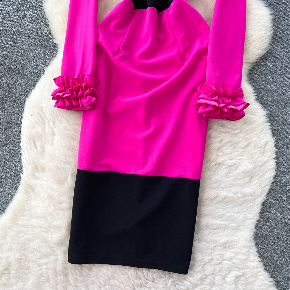 CM-DY067655 Women Elegant European Style Round Neck Long Sleeve Pinched Waist Dress - Rose Red