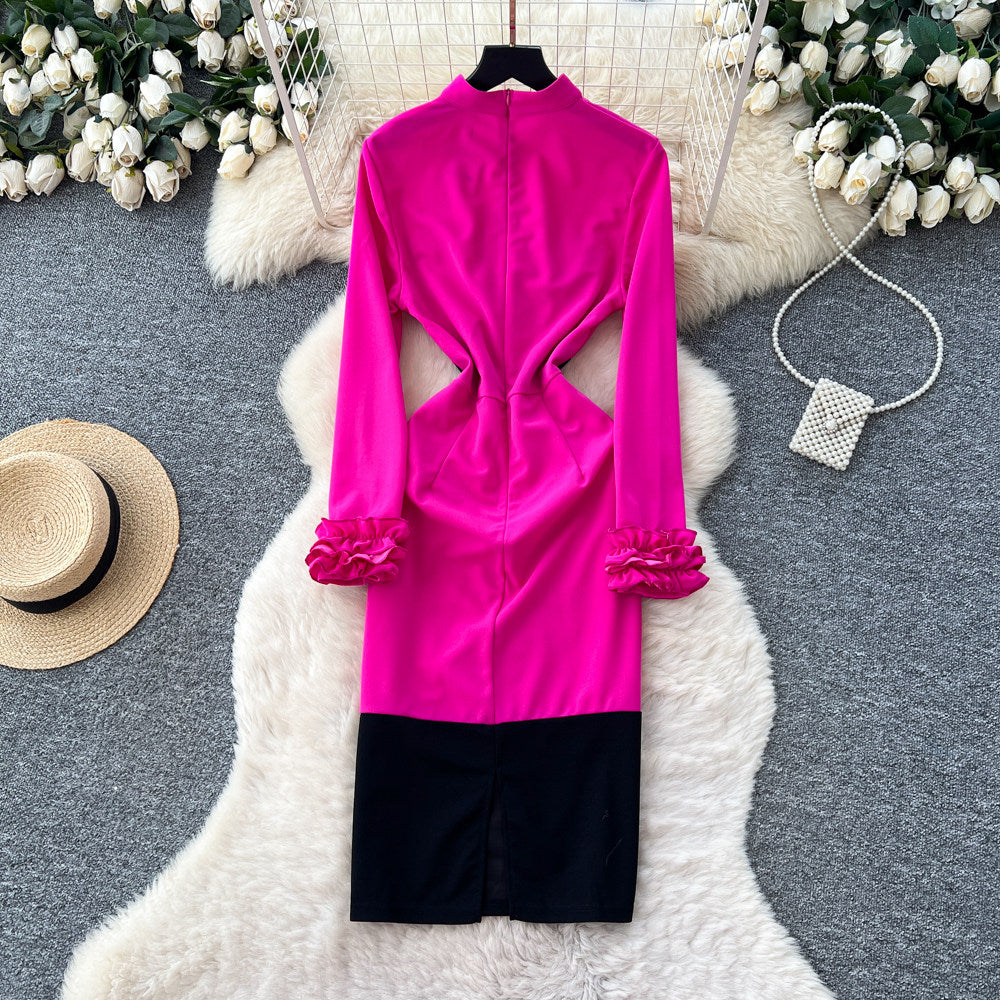 CM-DY067655 Women Elegant European Style Round Neck Long Sleeve Pinched Waist Dress - Rose Red