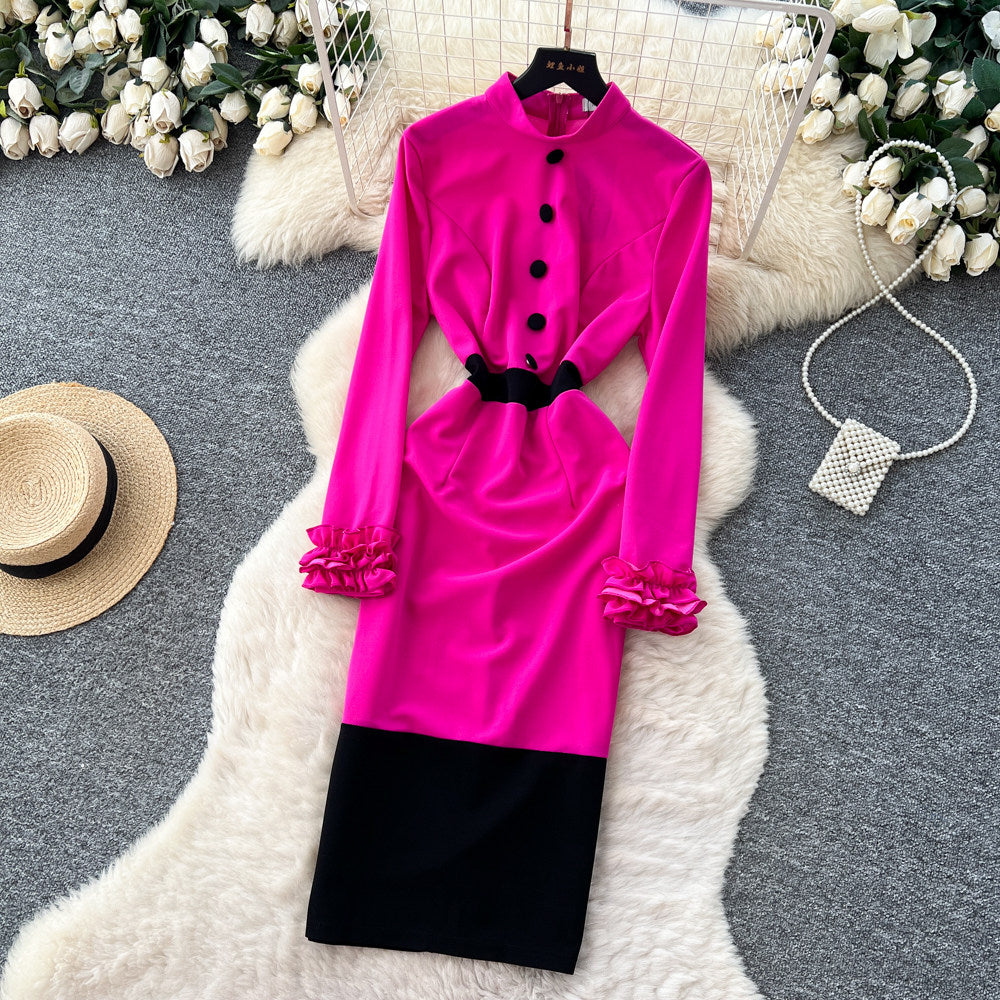 CM-DY067655 Women Elegant European Style Round Neck Long Sleeve Pinched Waist Dress - Rose Red