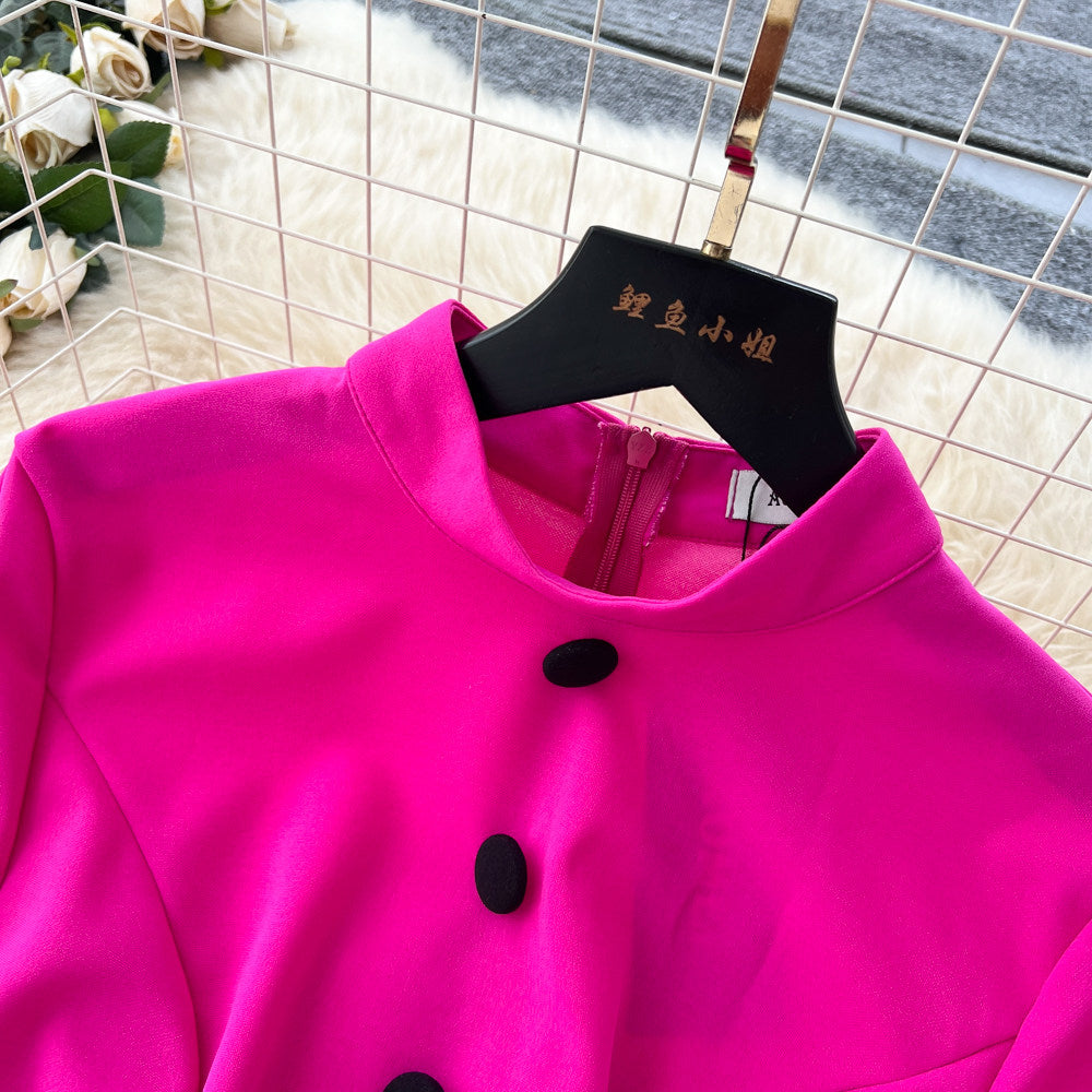 CM-DY067655 Women Elegant European Style Round Neck Long Sleeve Pinched Waist Dress - Rose Red