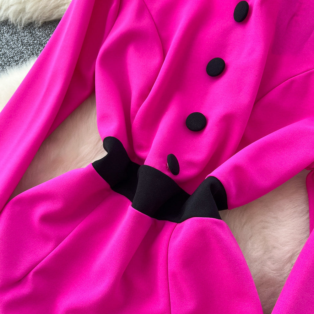 CM-DY067655 Women Elegant European Style Round Neck Long Sleeve Pinched Waist Dress - Rose Red