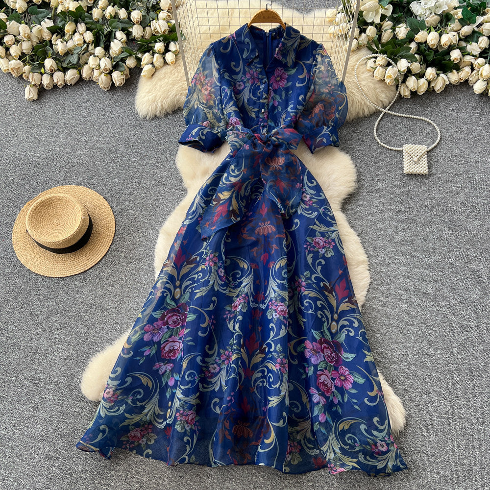 CM-DY067775 Women Elegant European Style Lapel Neckline Short Sleeve A-Line Long Dress (Available in 2 colors)