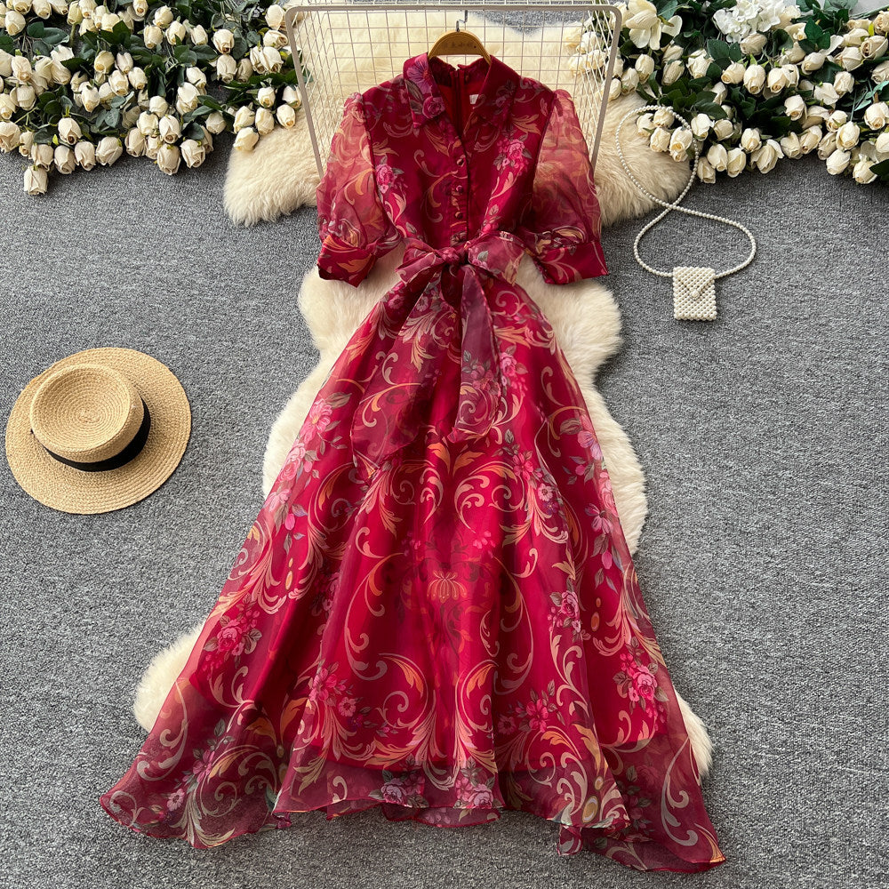 CM-DY067775 Women Elegant European Style Lapel Neckline Short Sleeve A-Line Long Dress (Available in 2 colors)