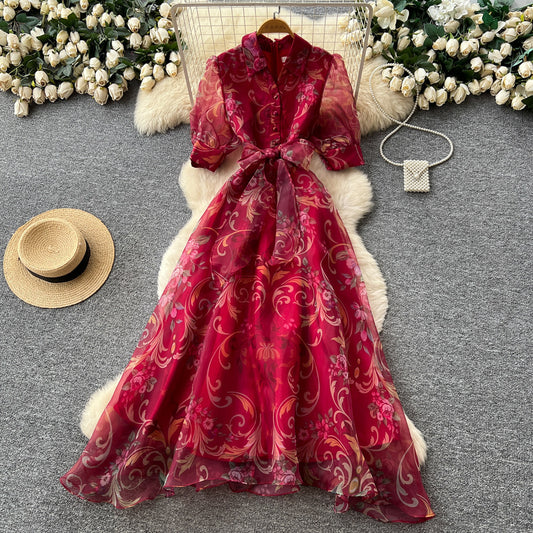 CM-DY067775 Women Elegant European Style Lapel Neckline Short Sleeve A-Line Long Dress (Available in 2 colors)