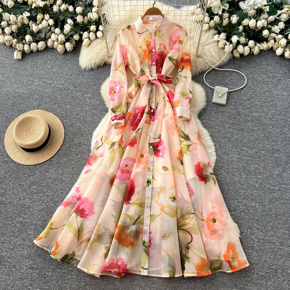 CM-DY067889 Women Elegant Seoul Style Lapel Neckline Floral Print Long Sleeve Maxi Dress