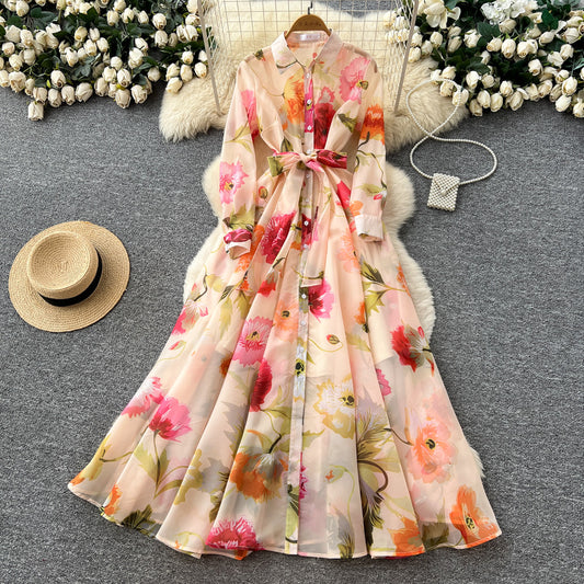 CM-DY067889 Women Elegant Seoul Style Lapel Neckline Floral Print Long Sleeve Maxi Dress