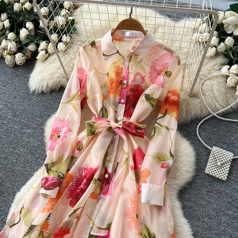 CM-DY067889 Women Elegant Seoul Style Lapel Neckline Floral Print Long Sleeve Maxi Dress