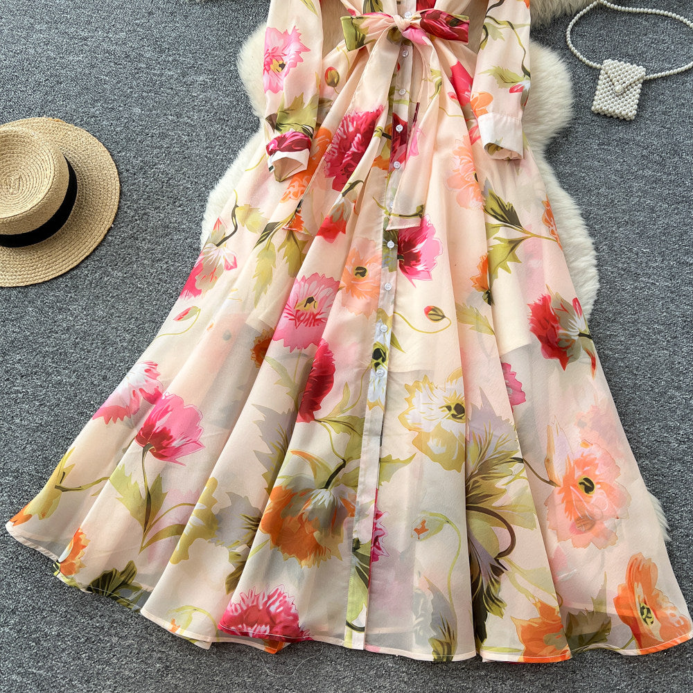 CM-DY067889 Women Elegant Seoul Style Lapel Neckline Floral Print Long Sleeve Maxi Dress