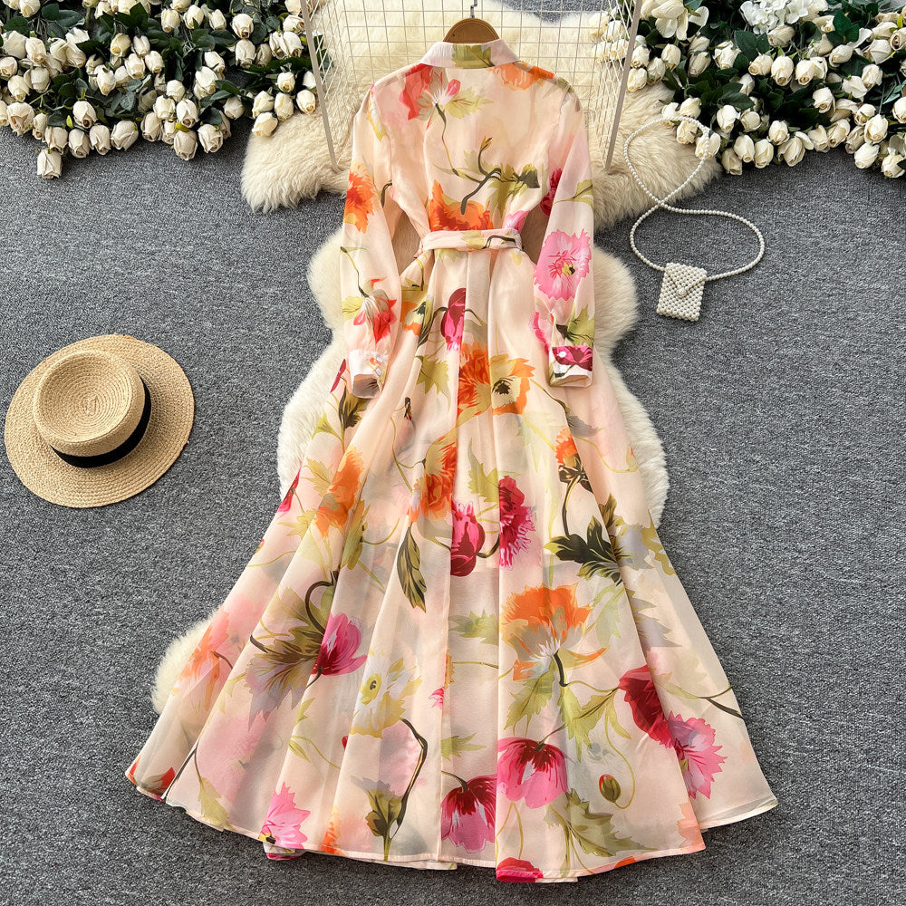 CM-DY067889 Women Elegant Seoul Style Lapel Neckline Floral Print Long Sleeve Maxi Dress