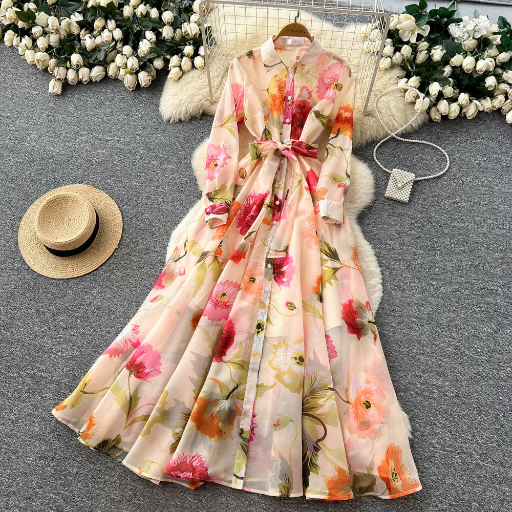 CM-DY067889 Women Elegant Seoul Style Lapel Neckline Floral Print Long Sleeve Maxi Dress