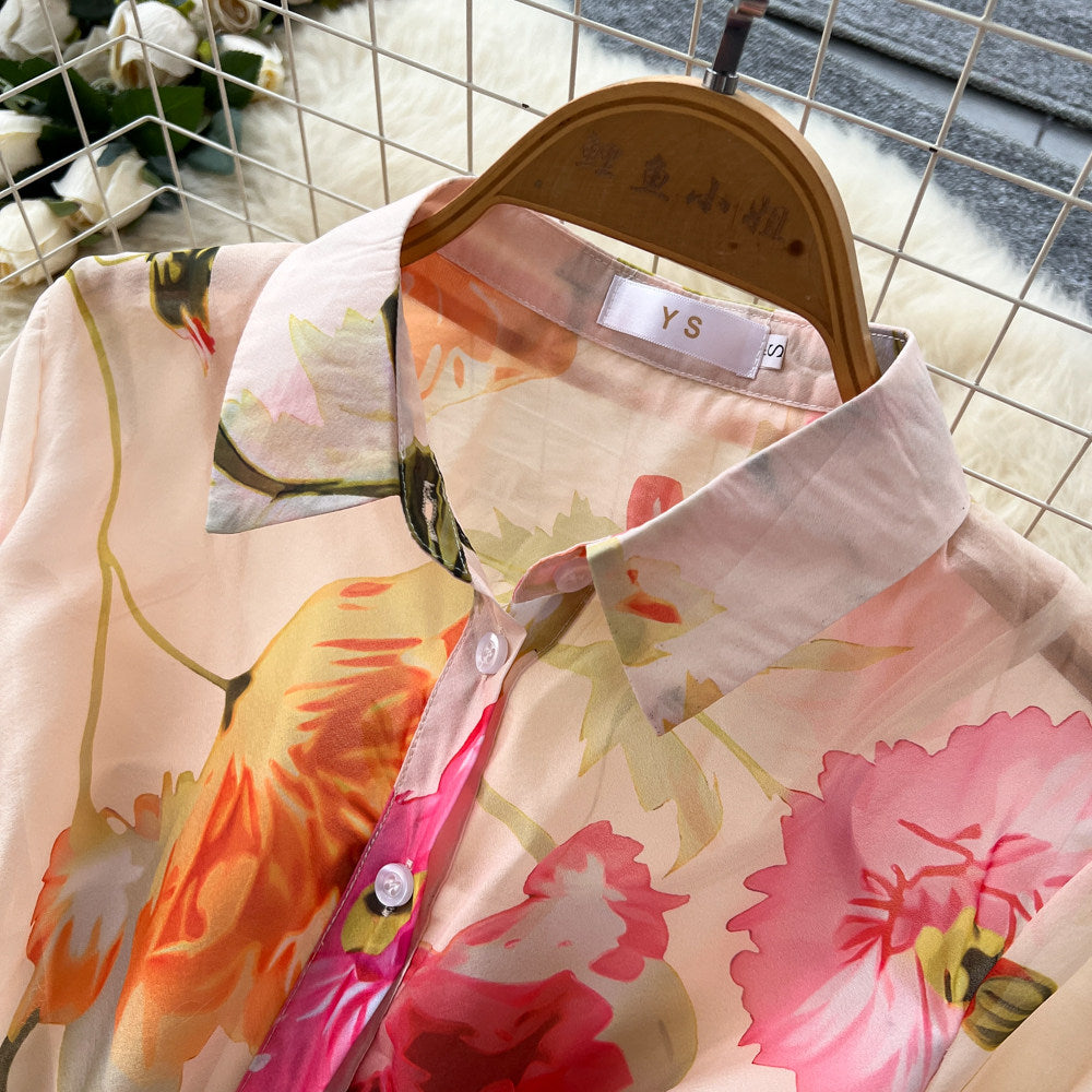 CM-DY067889 Women Elegant Seoul Style Lapel Neckline Floral Print Long Sleeve Maxi Dress