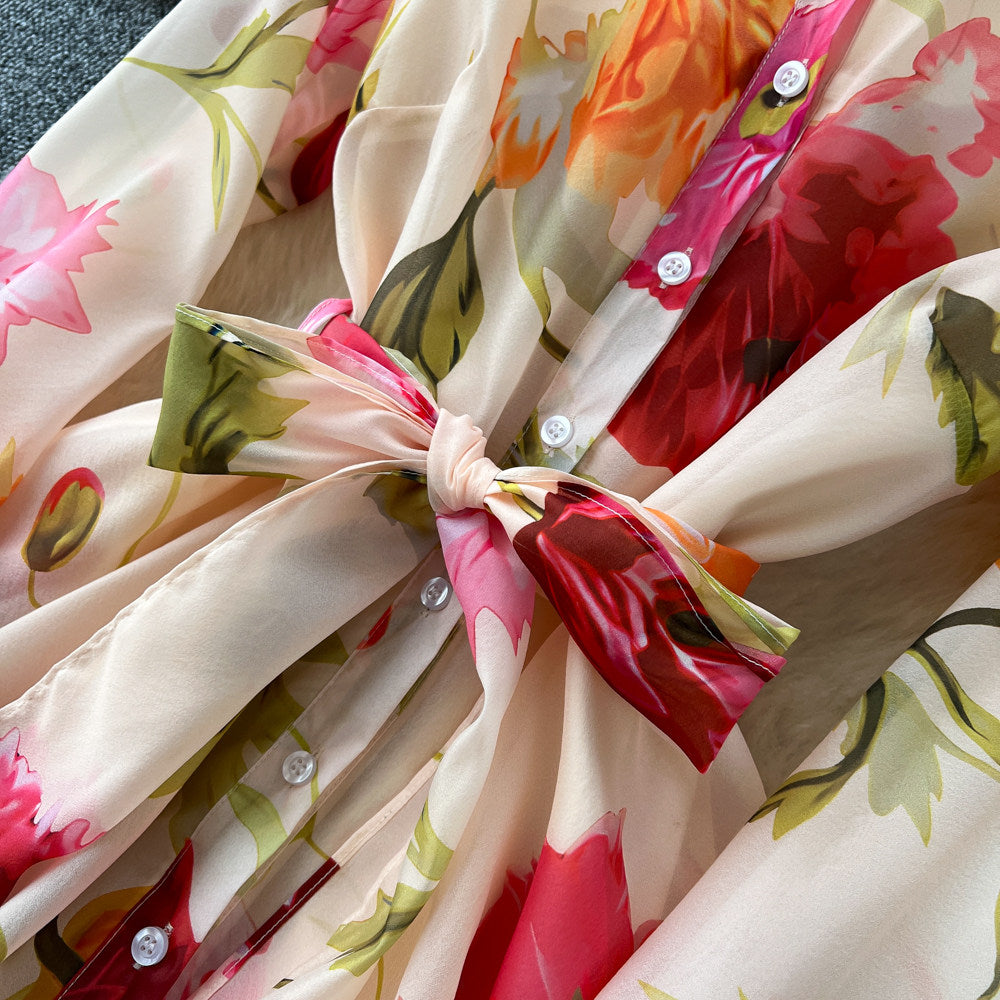 CM-DY067889 Women Elegant Seoul Style Lapel Neckline Floral Print Long Sleeve Maxi Dress