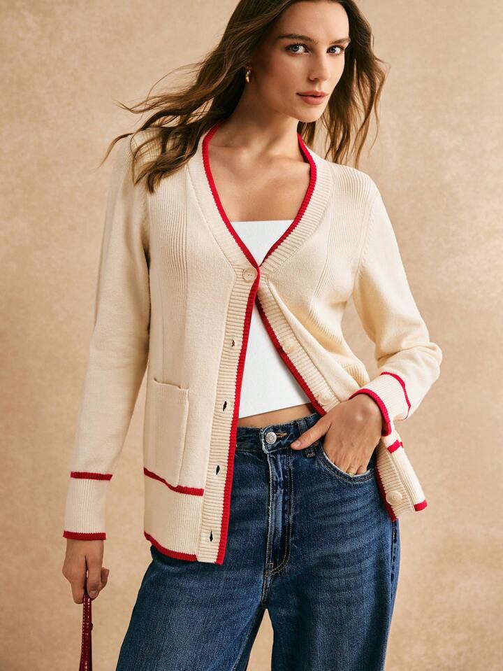CM-CS363235 Women Casual Seoul Style V-Neck Long-Sleeved Contrasting Edge Design Cardigan - White