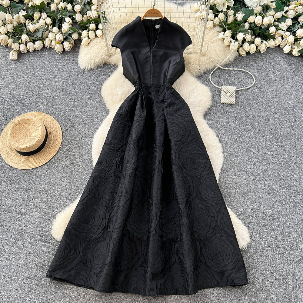 CM-DY067930 Women Elegant European Style Jacquard V-Neck Cap Sleeve High Waist Long Dress (Available in 2 colors)