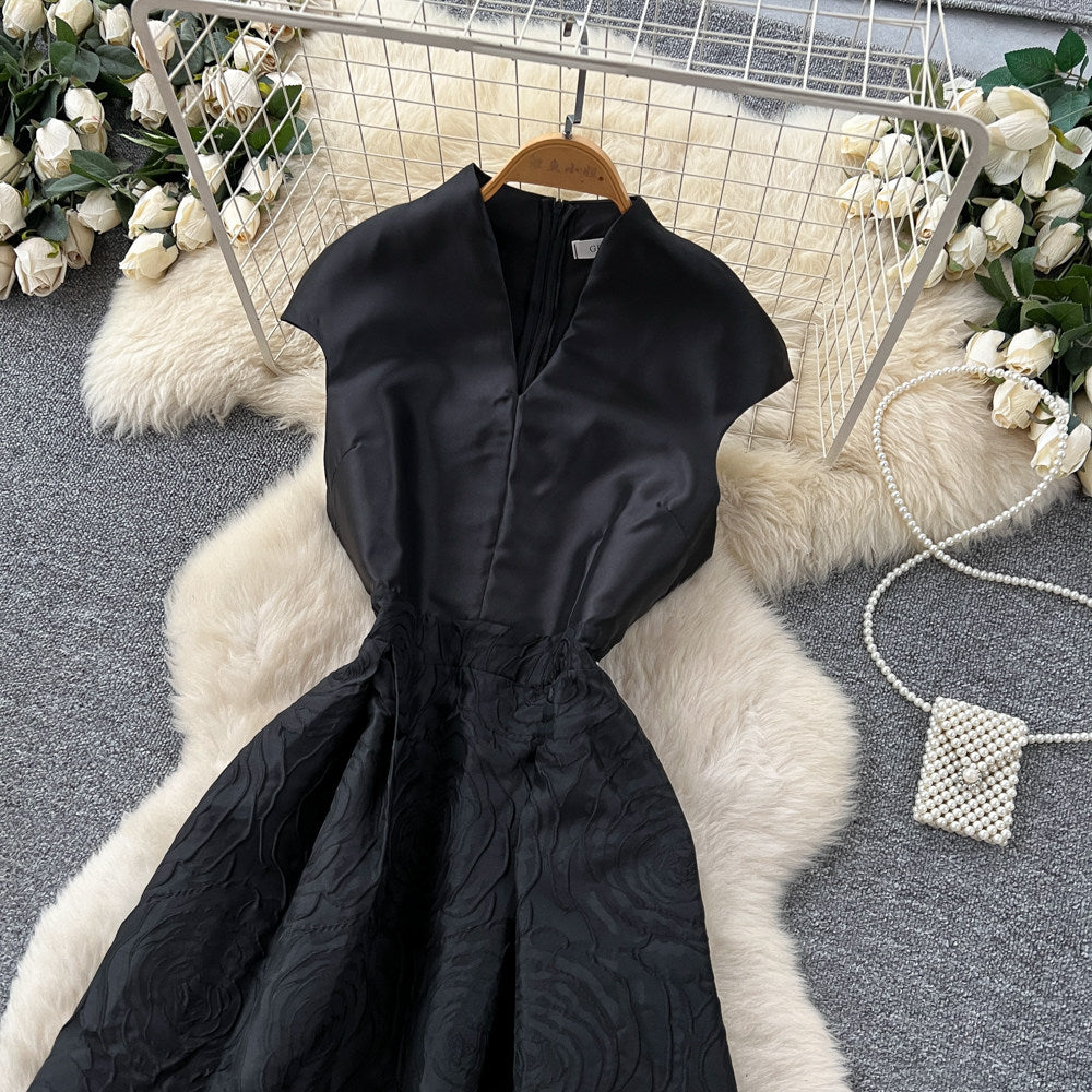 CM-DY067930 Women Elegant European Style Jacquard V-Neck Cap Sleeve High Waist Long Dress (Available in 2 colors)