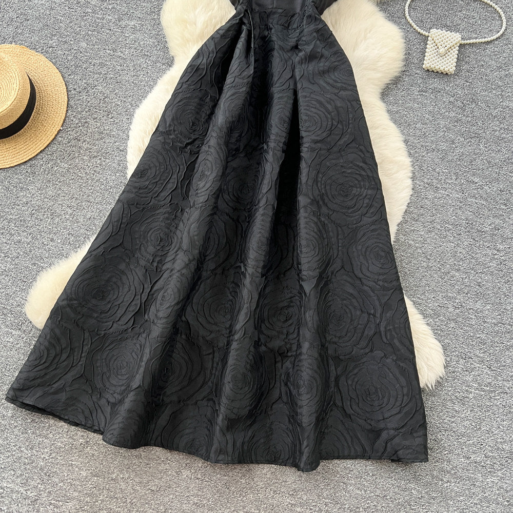 CM-DY067930 Women Elegant European Style Jacquard V-Neck Cap Sleeve High Waist Long Dress (Available in 2 colors)