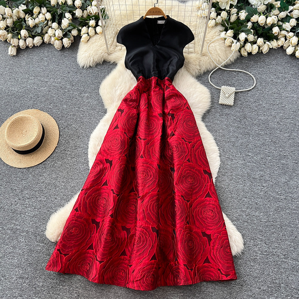 CM-DY067930 Women Elegant European Style Jacquard V-Neck Cap Sleeve High Waist Long Dress (Available in 2 colors)
