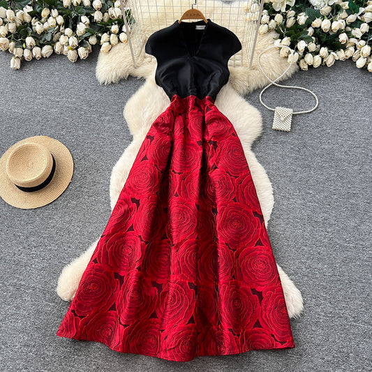 CM-DY067930 Women Elegant European Style Jacquard V-Neck Cap Sleeve High Waist Long Dress (Available in 2 colors)