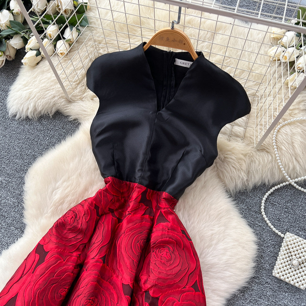 CM-DY067930 Women Elegant European Style Jacquard V-Neck Cap Sleeve High Waist Long Dress (Available in 2 colors)