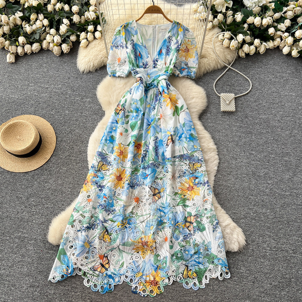 CM-DY067931 Women Elegant European Style V-Neck Short Sleeve A-Line Long Dress (Available in 3 colors)