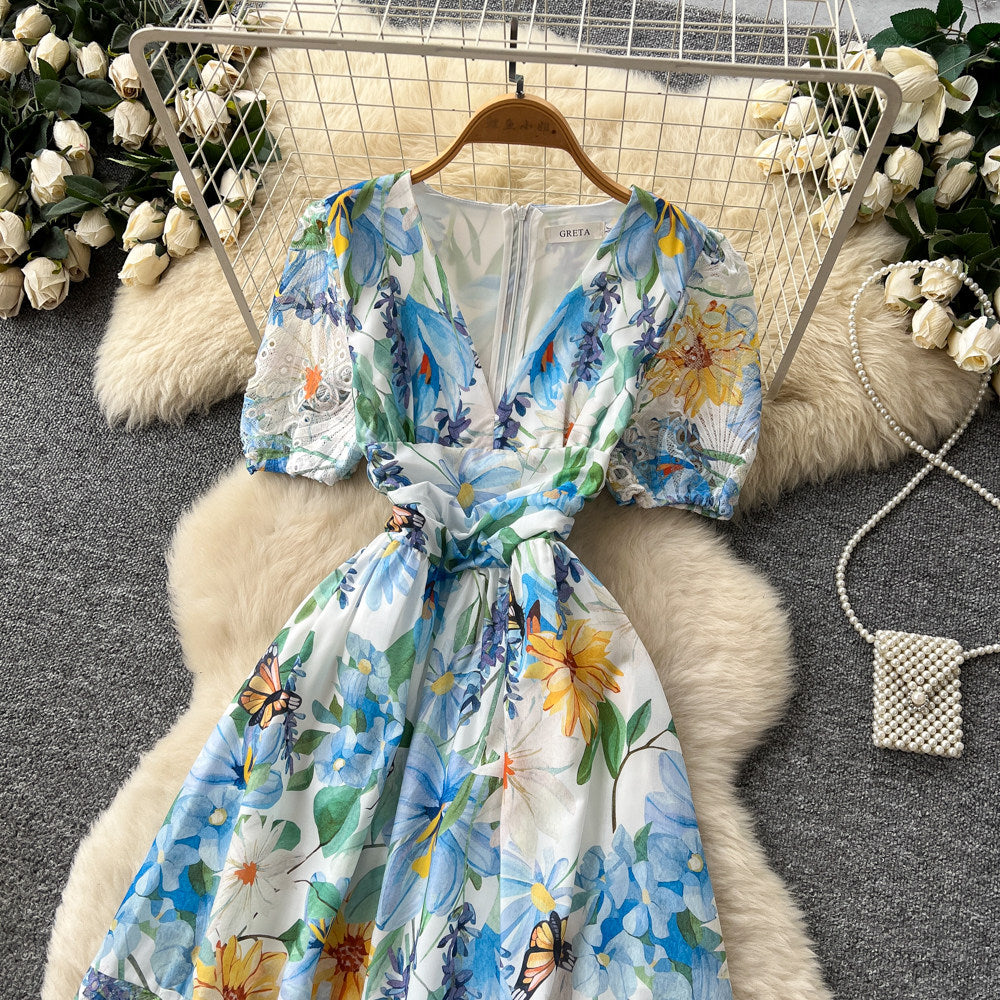 CM-DY067931 Women Elegant European Style V-Neck Short Sleeve A-Line Long Dress (Available in 3 colors)