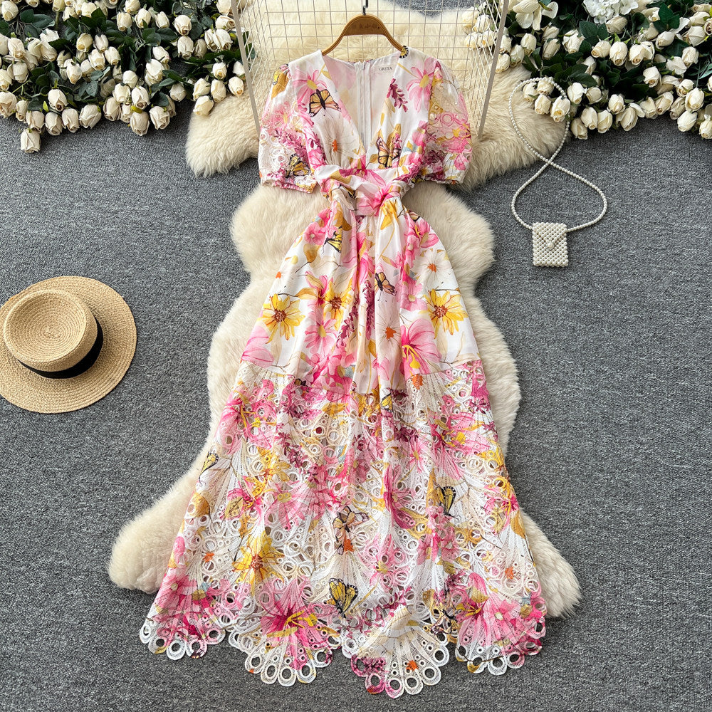 CM-DY067931 Women Elegant European Style V-Neck Short Sleeve A-Line Long Dress (Available in 3 colors)