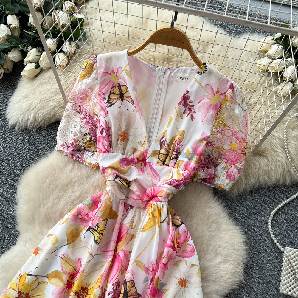 CM-DY067931 Women Elegant European Style V-Neck Short Sleeve A-Line Long Dress (Available in 3 colors)