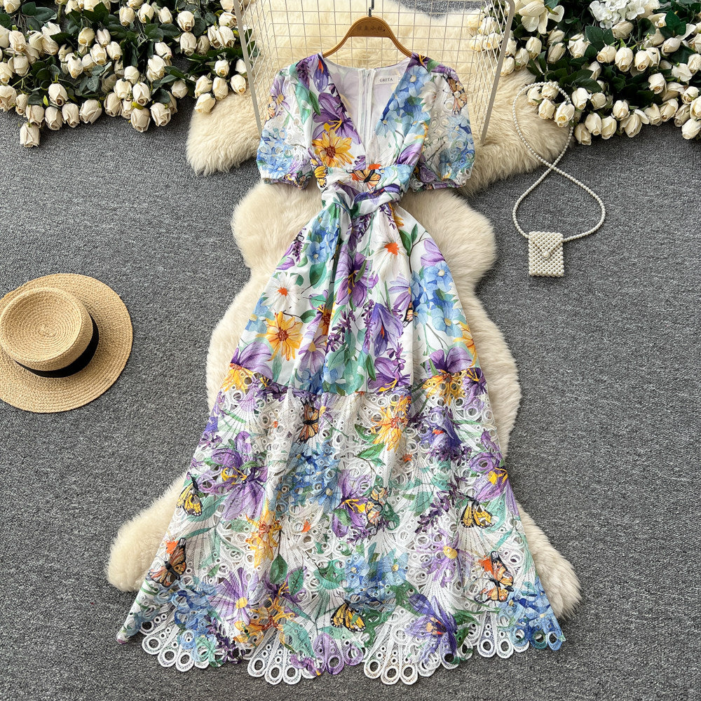 CM-DY067931 Women Elegant European Style V-Neck Short Sleeve A-Line Long Dress (Available in 3 colors)