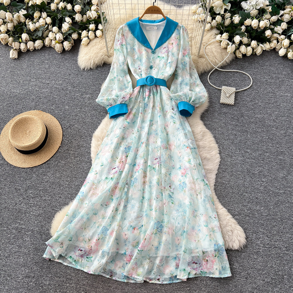 CM-DY067933 Women Elegant European Style V-Neck Lantern Sleeve High Waist Long Dress (Available in 4 colors)