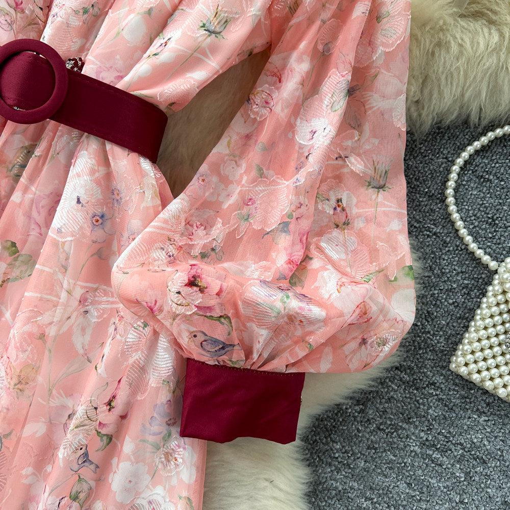 CM-DY067933 Women Elegant European Style V-Neck Lantern Sleeve High Waist Long Dress (Available in 4 colors)