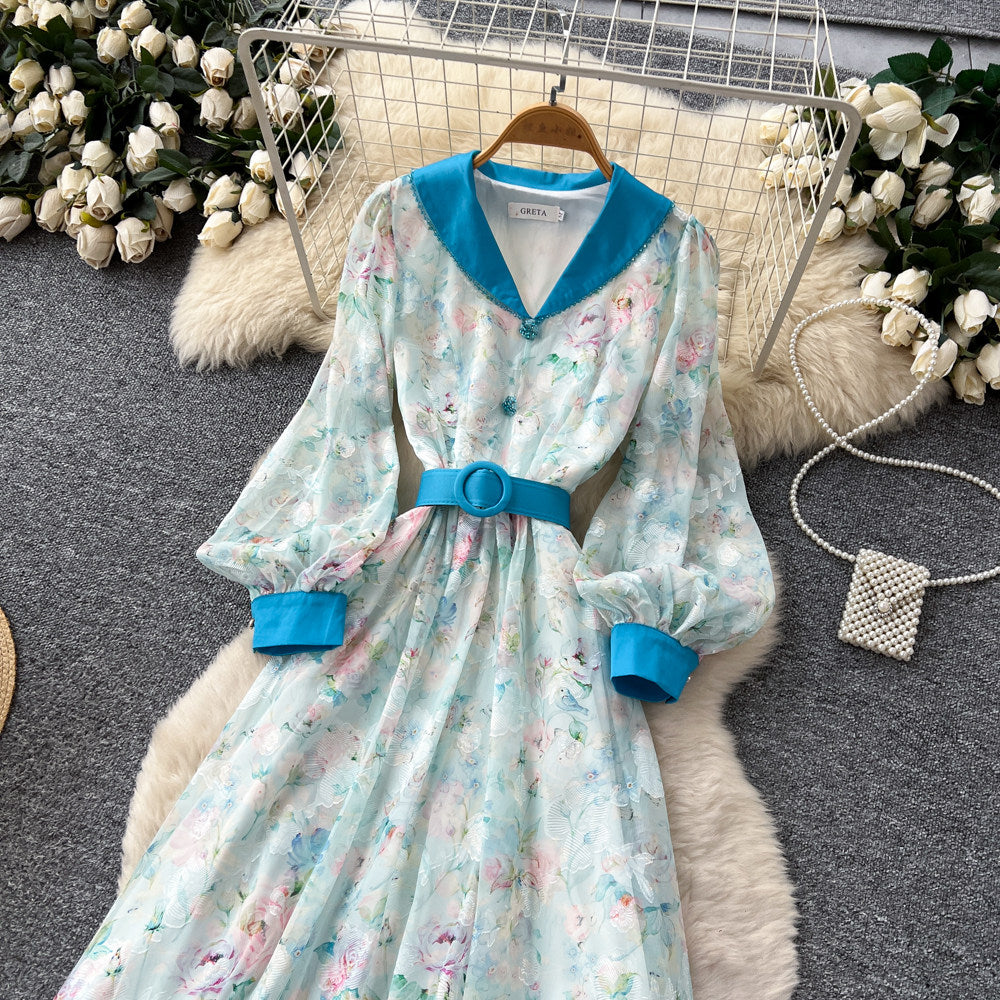 CM-DY067933 Women Elegant European Style V-Neck Lantern Sleeve High Waist Long Dress (Available in 4 colors)