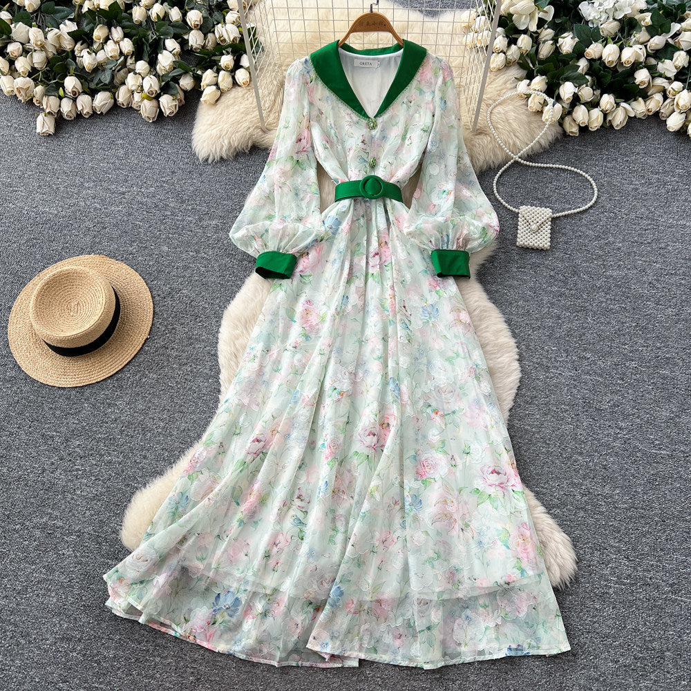 CM-DY067933 Women Elegant European Style V-Neck Lantern Sleeve High Waist Long Dress (Available in 4 colors)