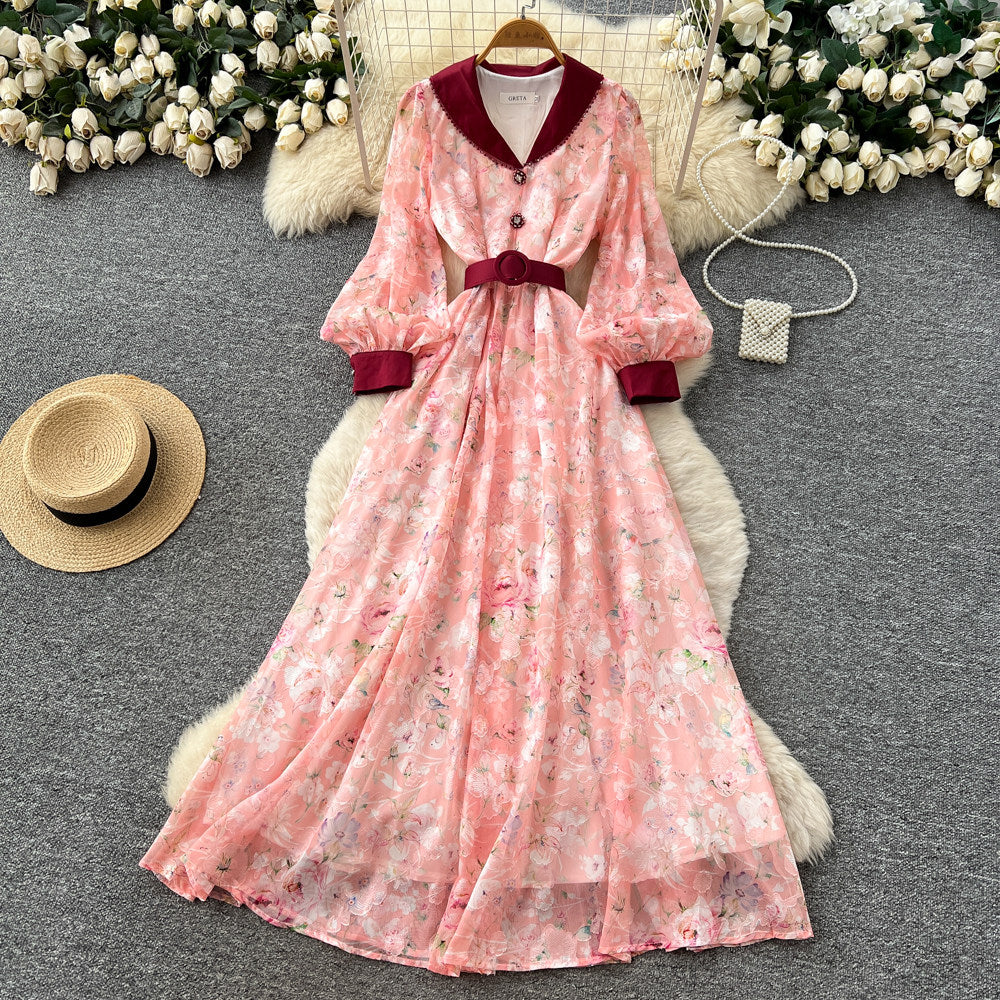 CM-DY067933 Women Elegant European Style V-Neck Lantern Sleeve High Waist Long Dress (Available in 4 colors)