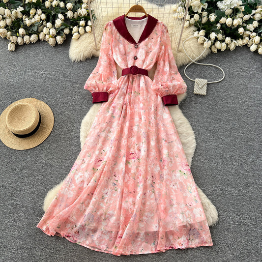 CM-DY067933 Women Elegant European Style V-Neck Lantern Sleeve High Waist Long Dress (Available in 4 colors)