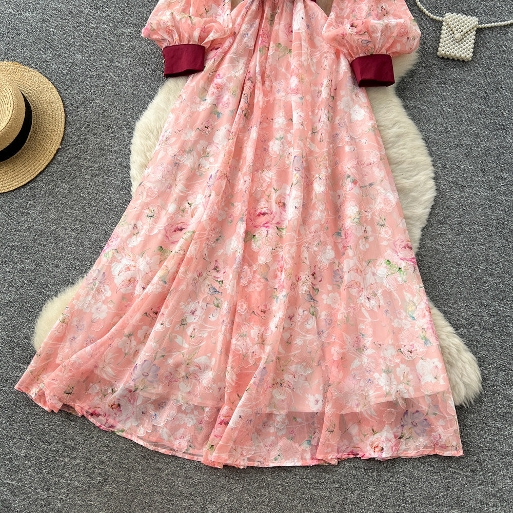 CM-DY067933 Women Elegant European Style V-Neck Lantern Sleeve High Waist Long Dress (Available in 4 colors)