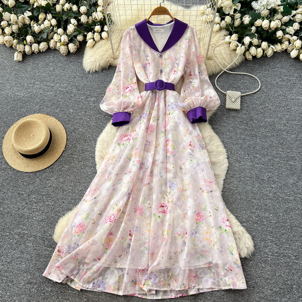 CM-DY067933 Women Elegant European Style V-Neck Lantern Sleeve High Waist Long Dress (Available in 4 colors)