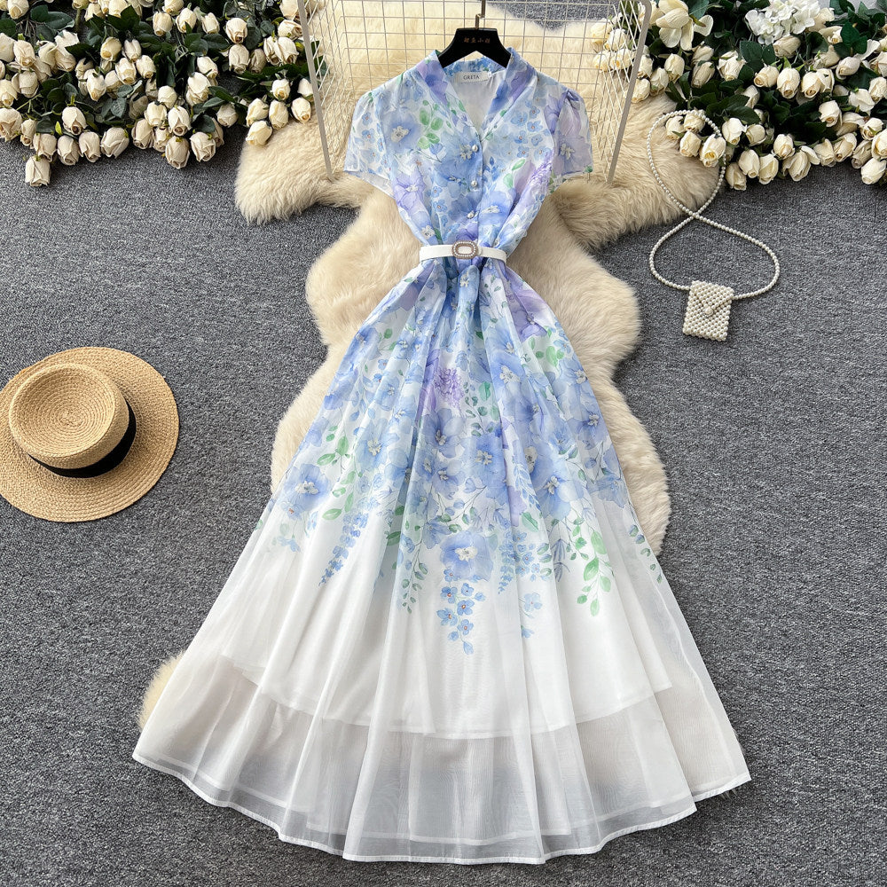 CM-DY067935 Women Elegant European Style V-Neck Short Sleeve Floral Print A-Line Long Dress (Available in 2 colors)