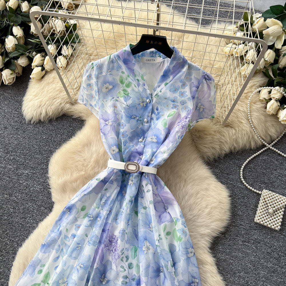 CM-DY067935 Women Elegant European Style V-Neck Short Sleeve Floral Print A-Line Long Dress (Available in 2 colors)