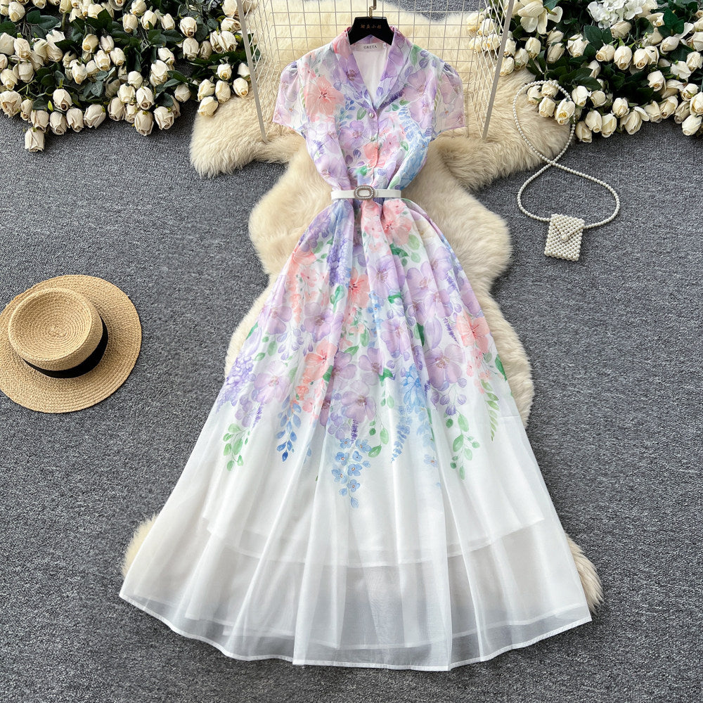 CM-DY067935 Women Elegant European Style V-Neck Short Sleeve Floral Print A-Line Long Dress (Available in 2 colors)