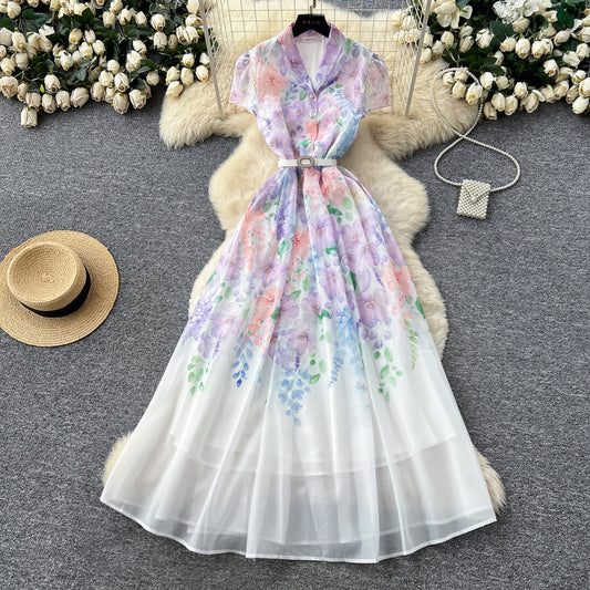 CM-DY067935 Women Elegant European Style V-Neck Short Sleeve Floral Print A-Line Long Dress (Available in 2 colors)