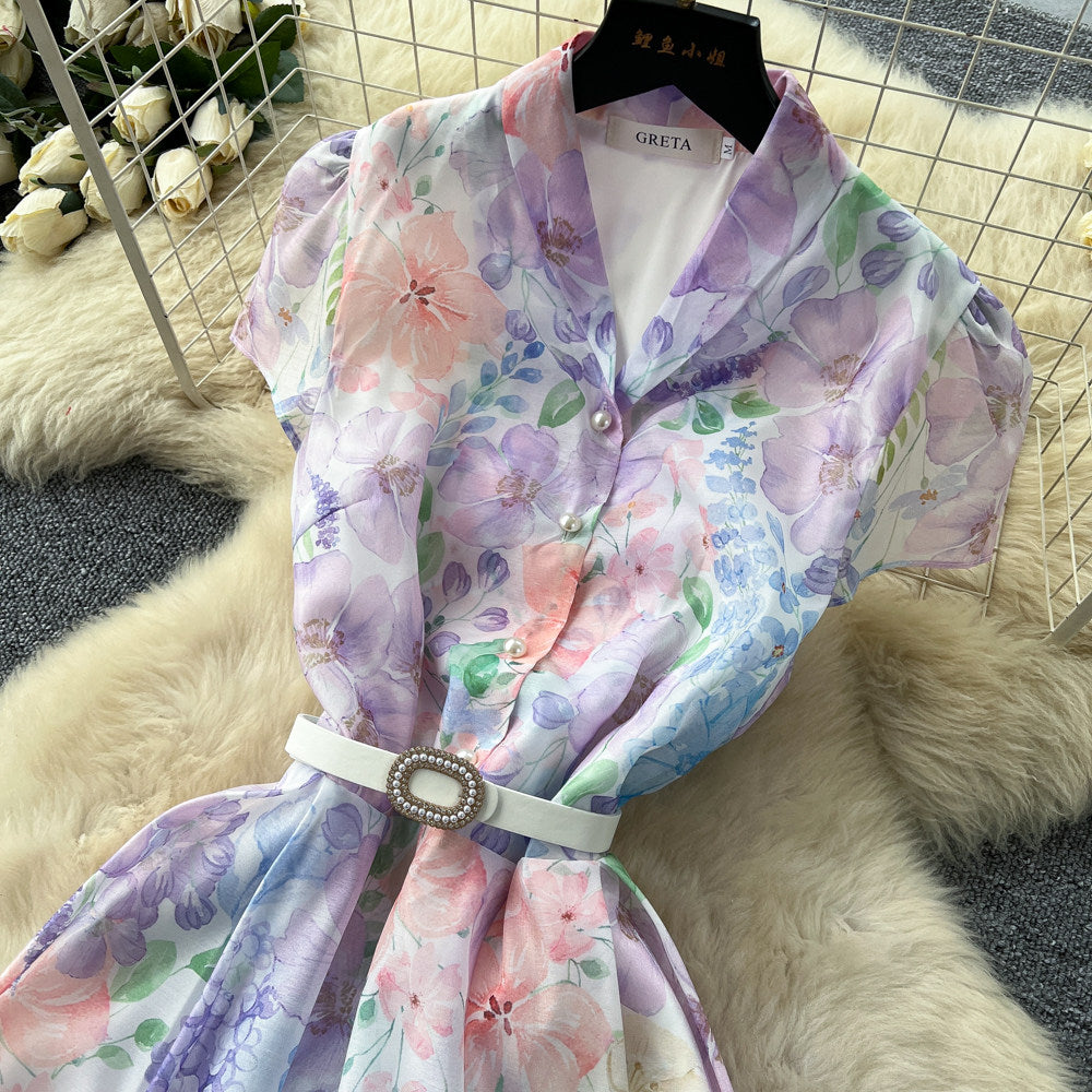 CM-DY067935 Women Elegant European Style V-Neck Short Sleeve Floral Print A-Line Long Dress (Available in 2 colors)