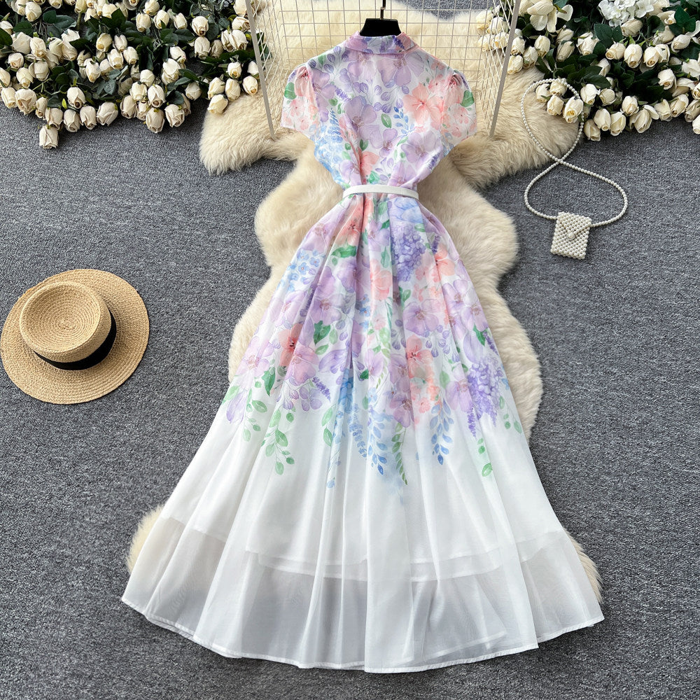 CM-DY067935 Women Elegant European Style V-Neck Short Sleeve Floral Print A-Line Long Dress (Available in 2 colors)