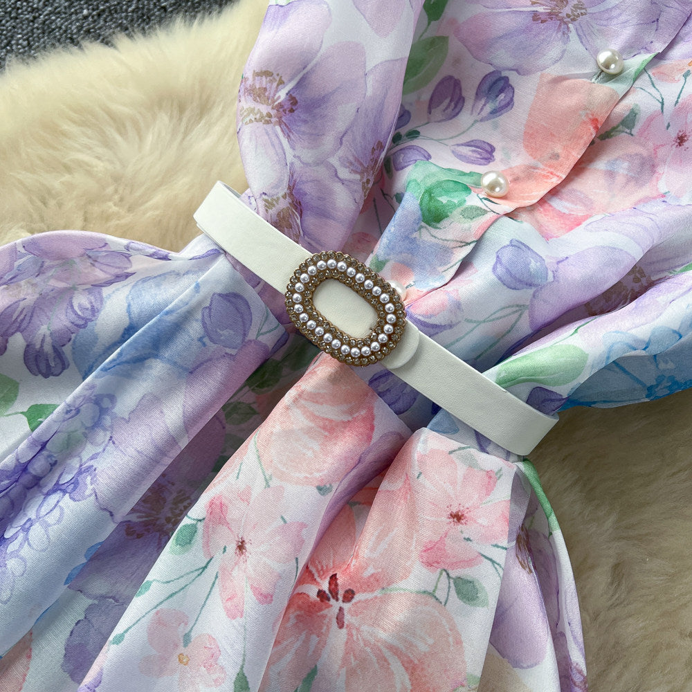 CM-DY067935 Women Elegant European Style V-Neck Short Sleeve Floral Print A-Line Long Dress (Available in 2 colors)