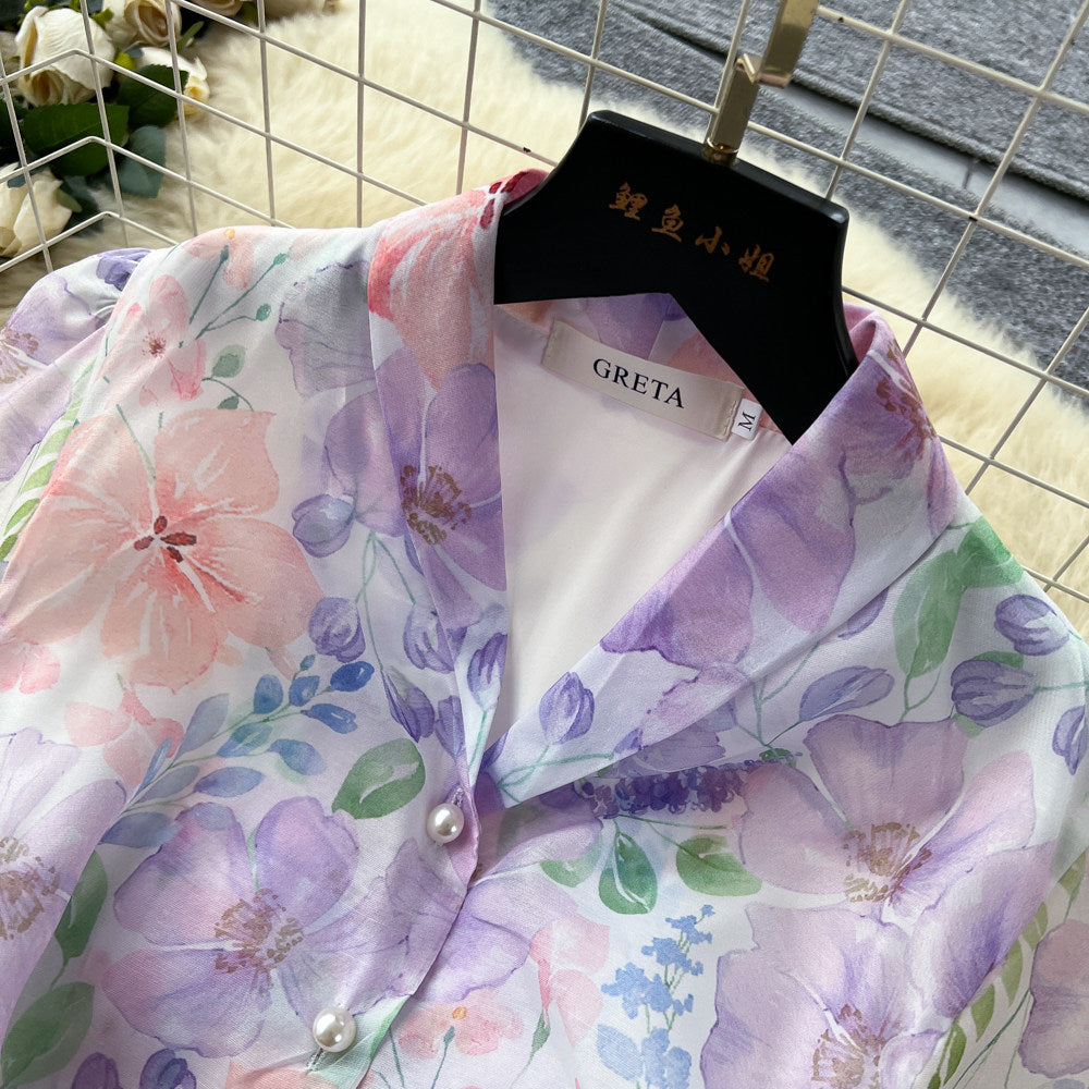 CM-DY067935 Women Elegant European Style V-Neck Short Sleeve Floral Print A-Line Long Dress (Available in 2 colors)