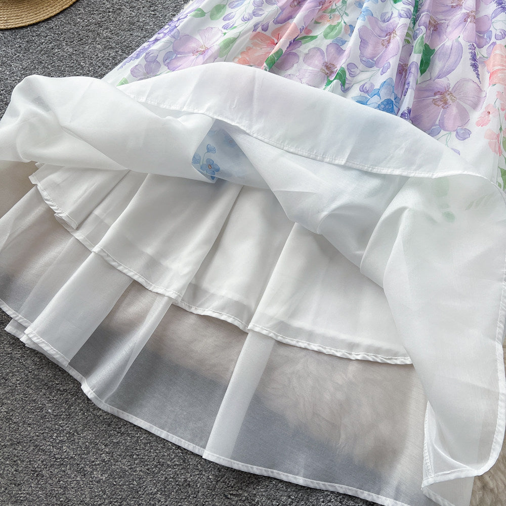 CM-DY067935 Women Elegant European Style V-Neck Short Sleeve Floral Print A-Line Long Dress (Available in 2 colors)